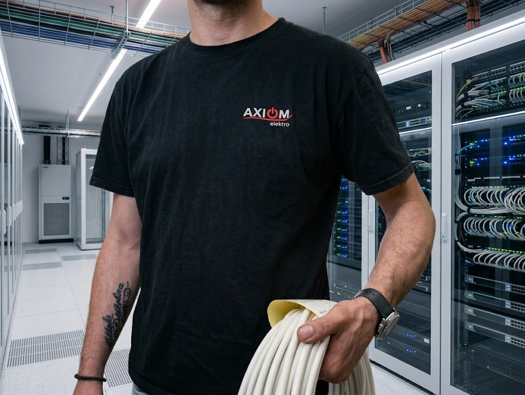 Servicetechniker der Axiom Elektro AG mit Kabelrolle in einem Serverraum